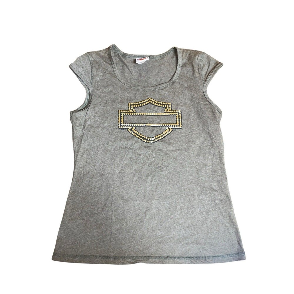 Women’s Grey Harley Davidson Cap Sleeve Studded Logo Shirt Sz M Fort Wayne